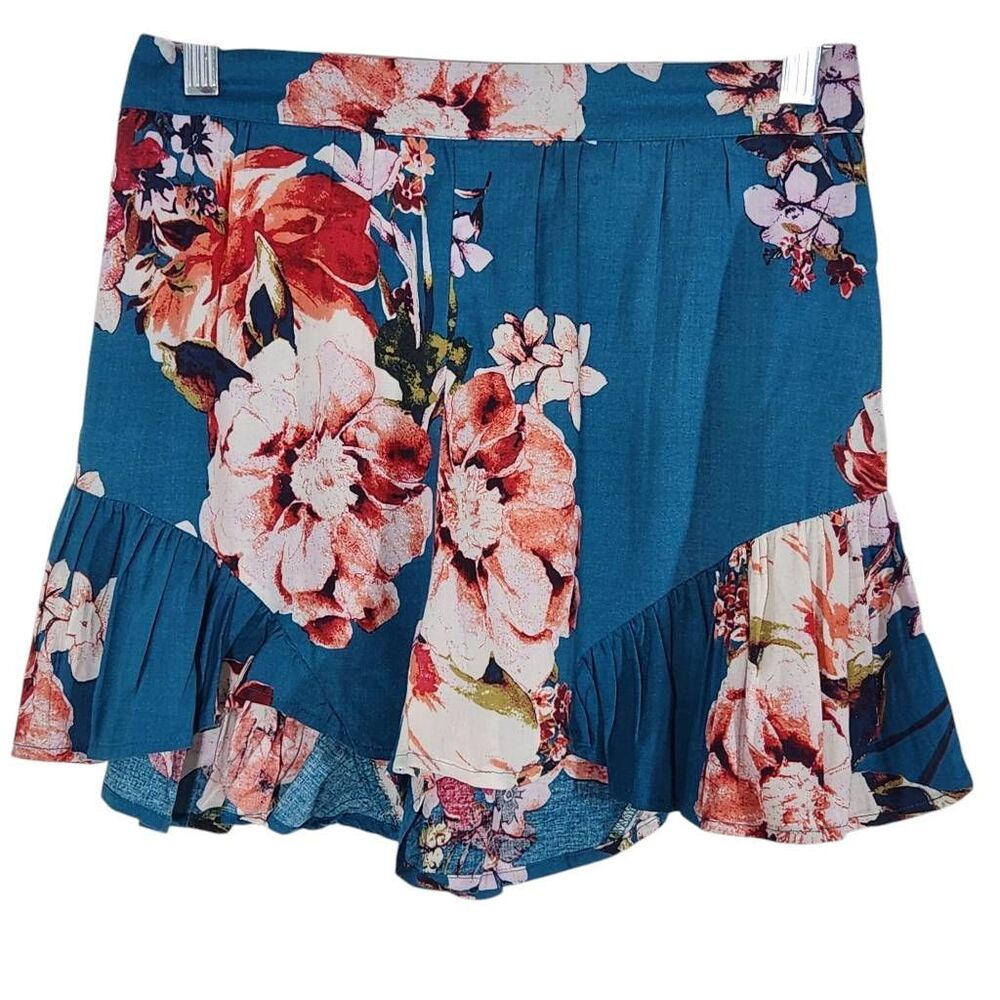 Band of Gypsies Teal Blue Floral Print Flowy Boho Shorts NWT Size Small